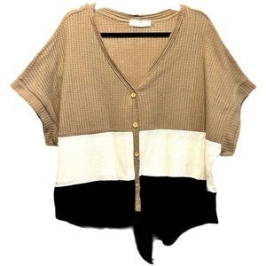 Giddy Up Glamour Women’s sz 1XL Brown, White, Black Color Block Knit Top- Tie
